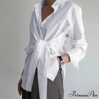 Thin Button Gathered Lace-Up Blouse