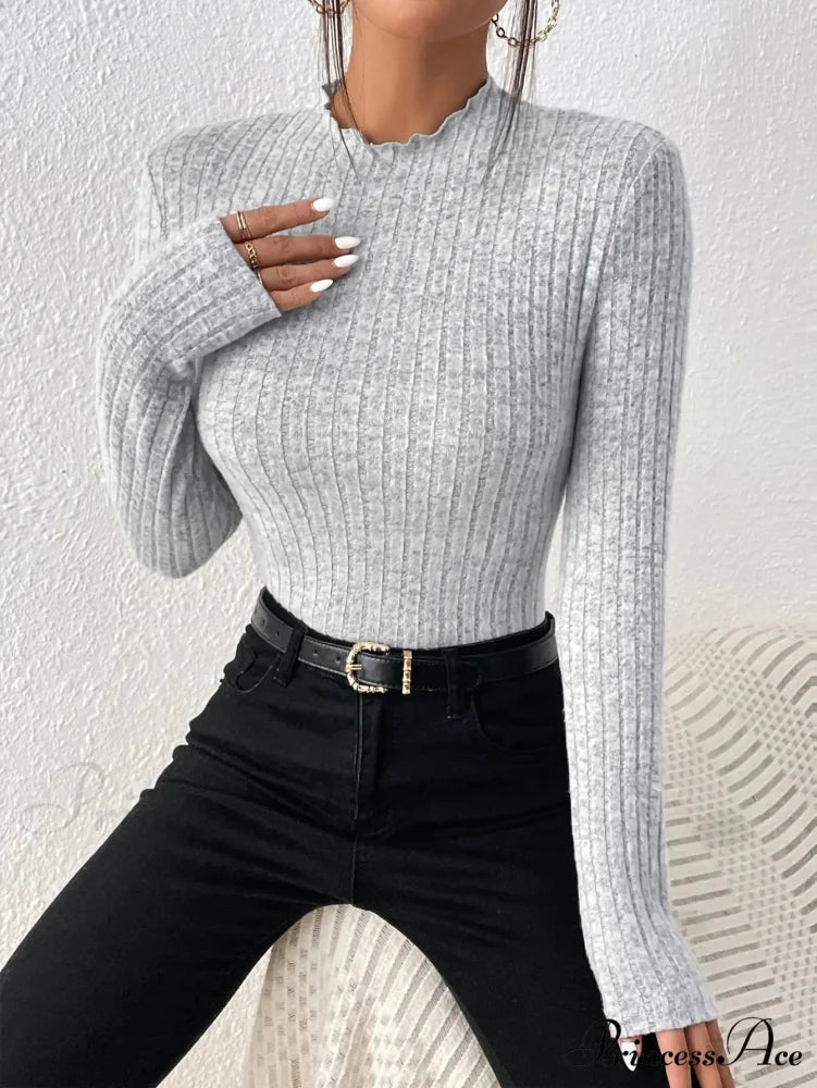 Thin Frill Neck Lace Mid-Collar Striped Sweater Knit Top Women