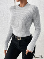Thin Frill Neck Lace Mid-Collar Striped Sweater Knit Top Women
