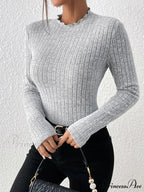 Thin Frill Neck Lace Mid-Collar Striped Sweater Knit Top Women