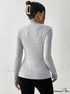 Thin Frill Neck Lace Mid-Collar Striped Sweater Knit Top Women
