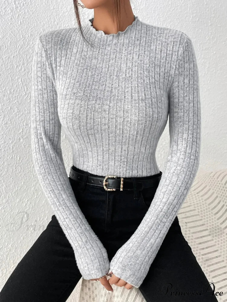 Thin Frill Neck Lace Mid-Collar Striped Sweater Knit Top Women