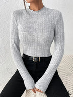 Thin Frill Neck Lace Mid-Collar Striped Sweater Knit Top Women