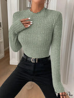 Thin Frill Neck Lace Mid-Collar Striped Sweater Knit Top Women