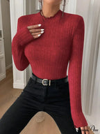 Thin Frill Neck Lace Mid-Collar Striped Sweater Knit Top Women