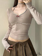 Thin Lace Trim Halter V-Neck Extended Sleeve Knit Top