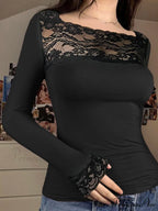 Thin Lace Trim Patchwork Transparent Slash Neck Extended Sleeve Knit Top