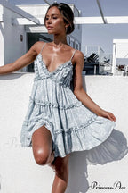 Thin Strap Flower Lace Trim Sundress Flared Frilled Prairie Summer Dress