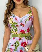 Thin Strap Flowered Lined Mini Dress