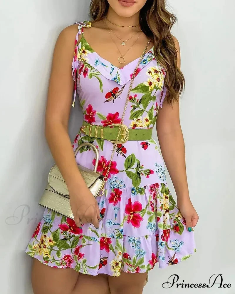 Thin Strap Flowered Lined Mini Dress