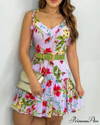 Thin Strap Flowered Lined Mini Dress