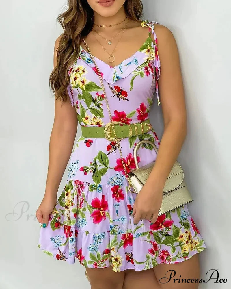 Thin Strap Flowered Lined Mini Dress