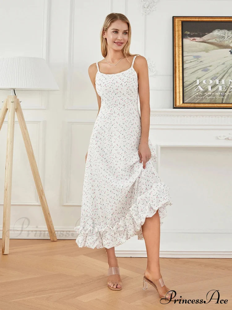 Thin Strap Frilled Long Sweet Sling Bubble Hem A-line Floral Dress