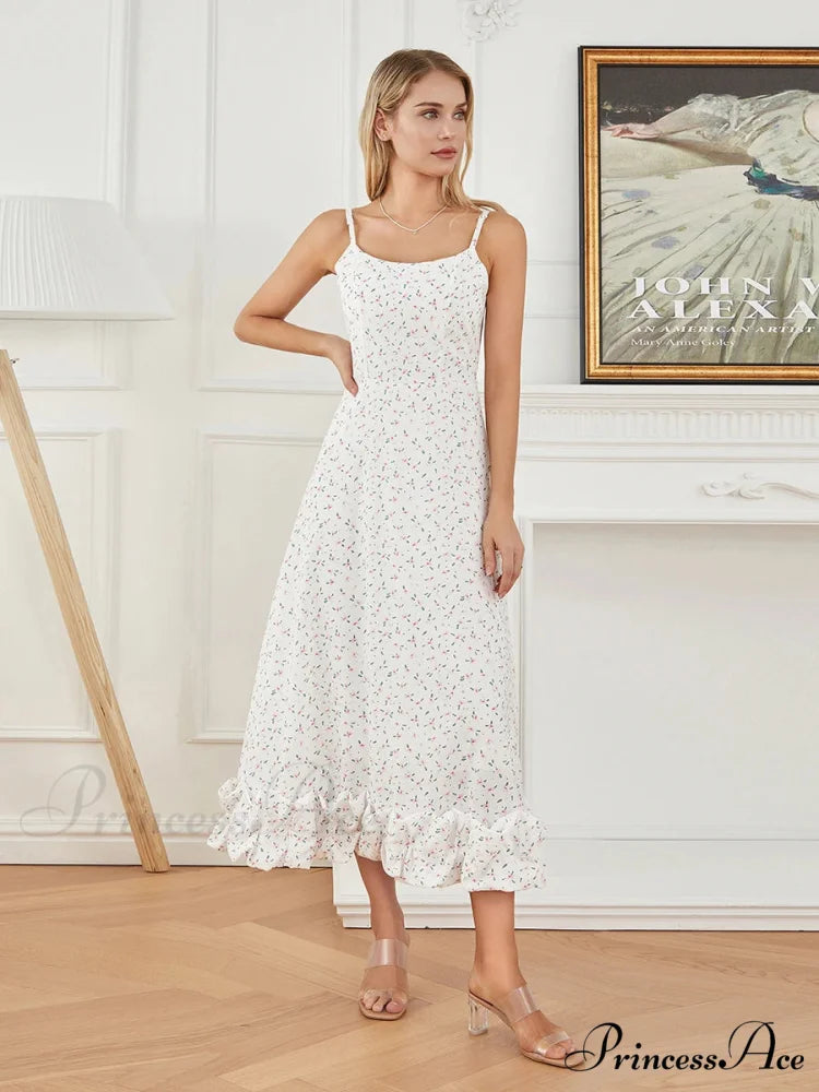 Thin Strap Frilled Long Sweet Sling Bubble Hem A-line Floral Dress