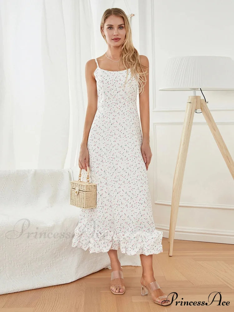 Thin Strap Frilled Long Sweet Sling Bubble Hem A-line Floral Dress