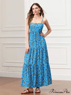Thin Strap Gathered Open-Back Flowy Seaside Holiday Floral Dress