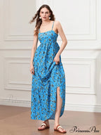 Thin Strap Gathered Open-Back Flowy Seaside Holiday Floral Dress