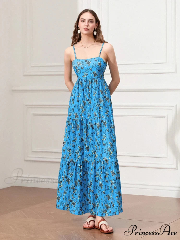 Thin Strap Gathered Open-Back Flowy Seaside Holiday Floral Dress