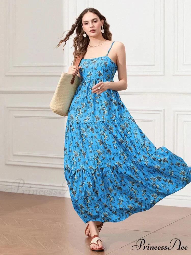 Thin Strap Gathered Open-Back Flowy Seaside Holiday Floral Dress