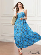 Thin Strap Gathered Open-Back Flowy Seaside Holiday Floral Dress