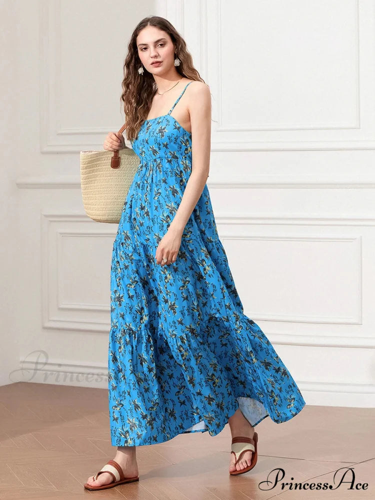 Thin Strap Gathered Open-Back Flowy Seaside Holiday Floral Dress