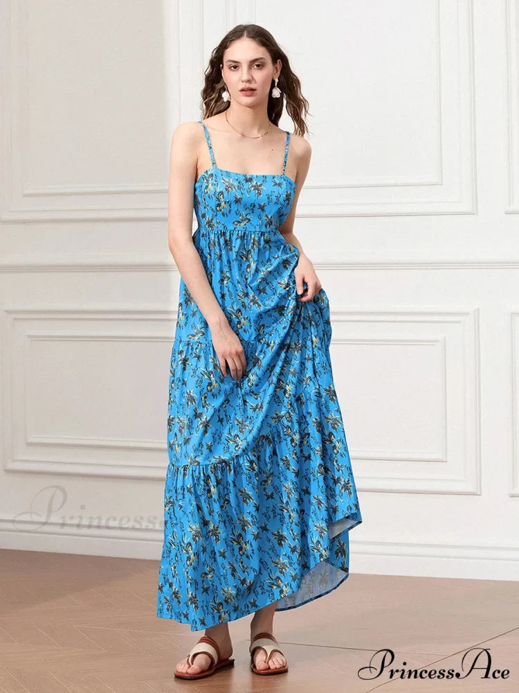 Thin Strap Gathered Open-Back Flowy Seaside Holiday Floral Dress
