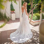 Thin Strap Transparent Train Wedding Gown