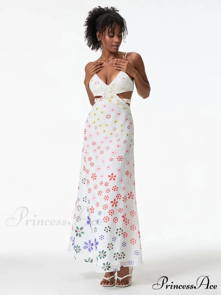 Thin Straps Sophisticated Open-Back Ribbon Crisscross Floral Dress