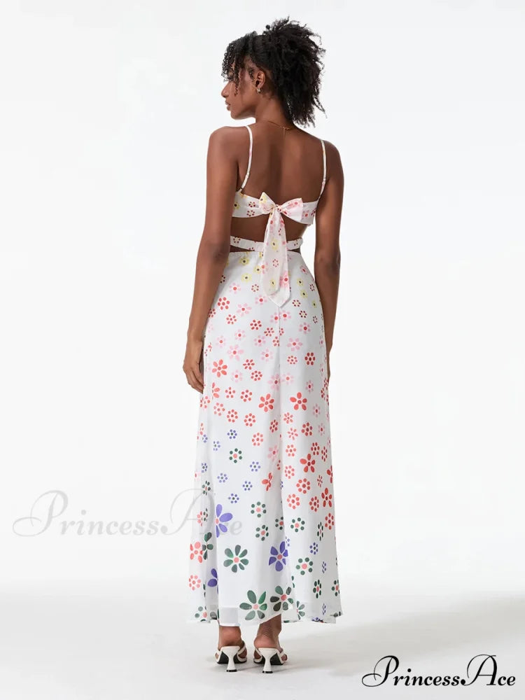 Thin Straps Sophisticated Open-Back Ribbon Crisscross Floral Dress