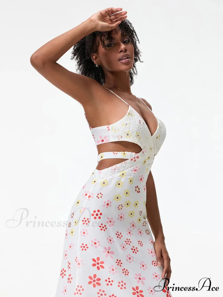 Thin Straps Sophisticated Open-Back Ribbon Crisscross Floral Dress