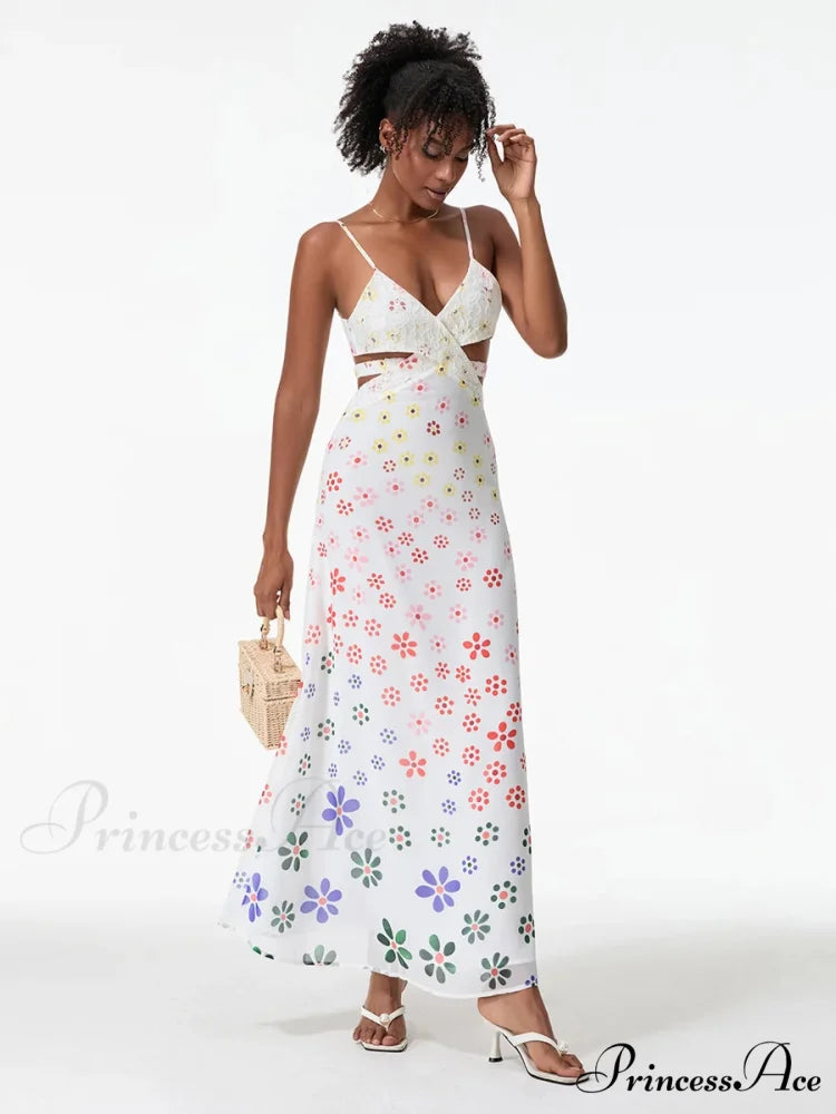 Thin Straps Sophisticated Open-Back Ribbon Crisscross Floral Dress