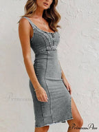 This Seasons Staple Denim Adjustable Trendy Straps Zip-up Firm Stretch Midi Dress