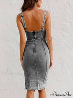This Seasons Staple Denim Adjustable Trendy Straps Zip-up Firm Stretch Midi Dress