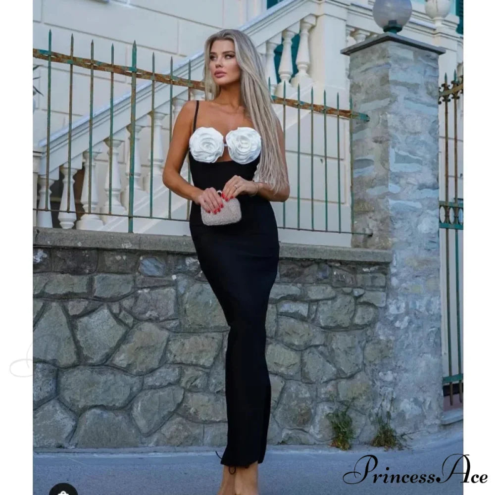 Three-Dimensional Flower Mid-Calf Party Dress