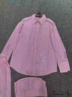 Three Piece Pants Set Sexy Sparkle Diamonds Long Sleeve Pink Christmas Party Dress