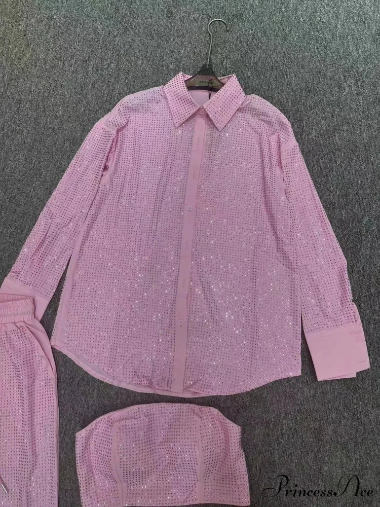 Three Piece Pants Set Sexy Sparkle Diamonds Long Sleeve Pink Christmas Party Dress