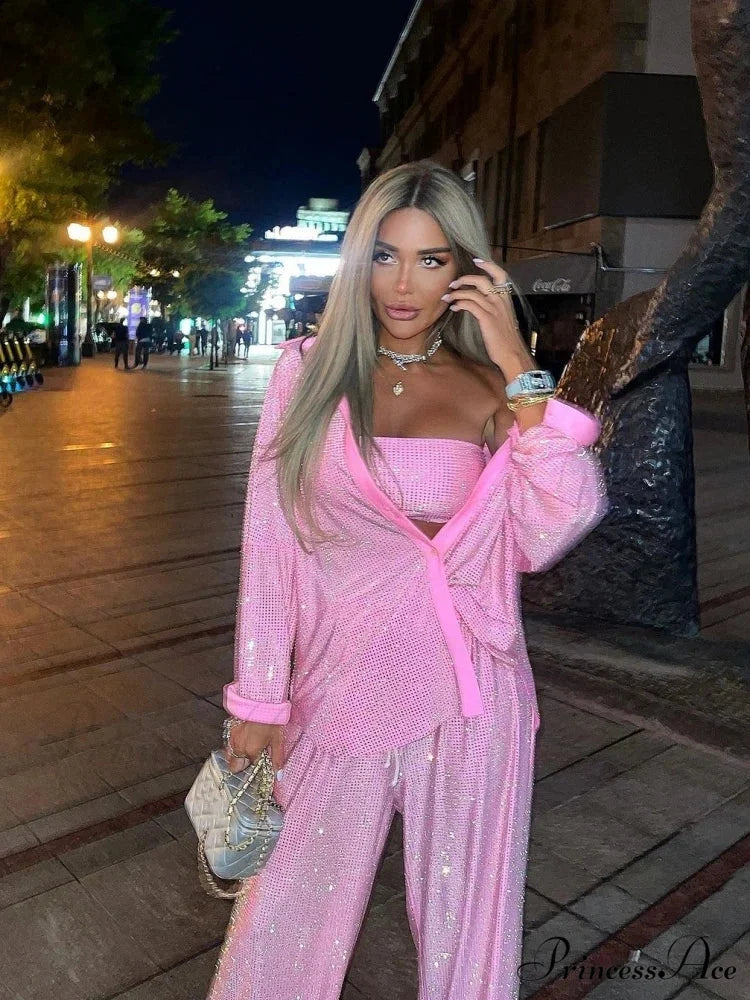 Three Piece Pants Set Sexy Sparkle Diamonds Long Sleeve Pink Christmas Party Dress