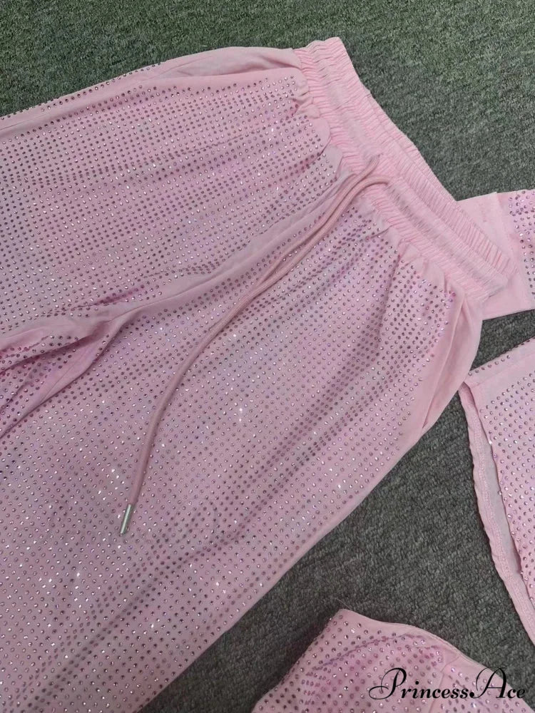 Three Piece Pants Set Sexy Sparkle Diamonds Long Sleeve Pink Christmas Party Dress