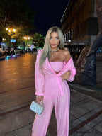 Three Piece Pants Set Sexy Sparkle Diamonds Long Sleeve Pink Christmas Party Dress