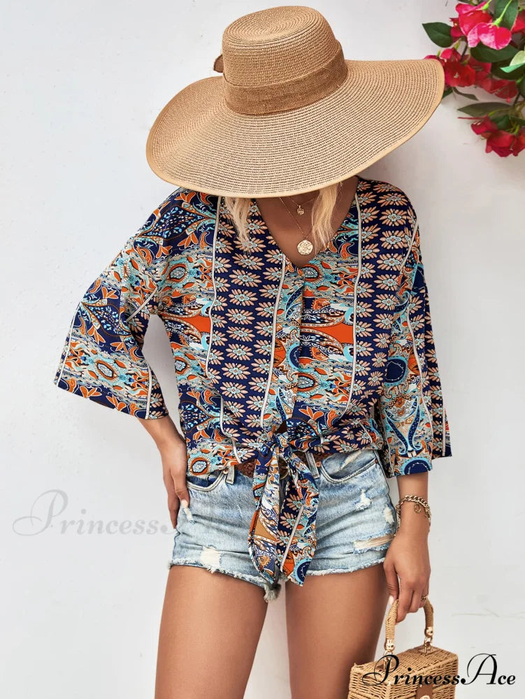 Three-Quarter and V-Neck with Hem Blouse Tie Sleeves