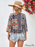 Three-Quarter and V-Neck with Hem Blouse Tie Sleeves