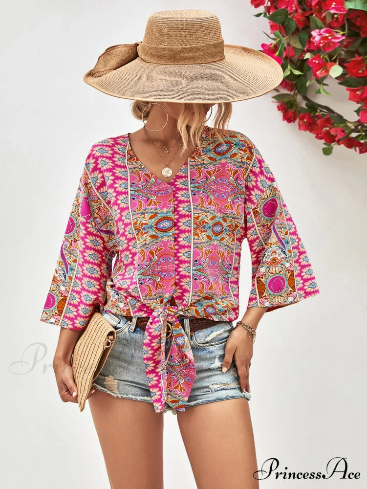 Three-Quarter and V-Neck with Hem Blouse Tie Sleeves