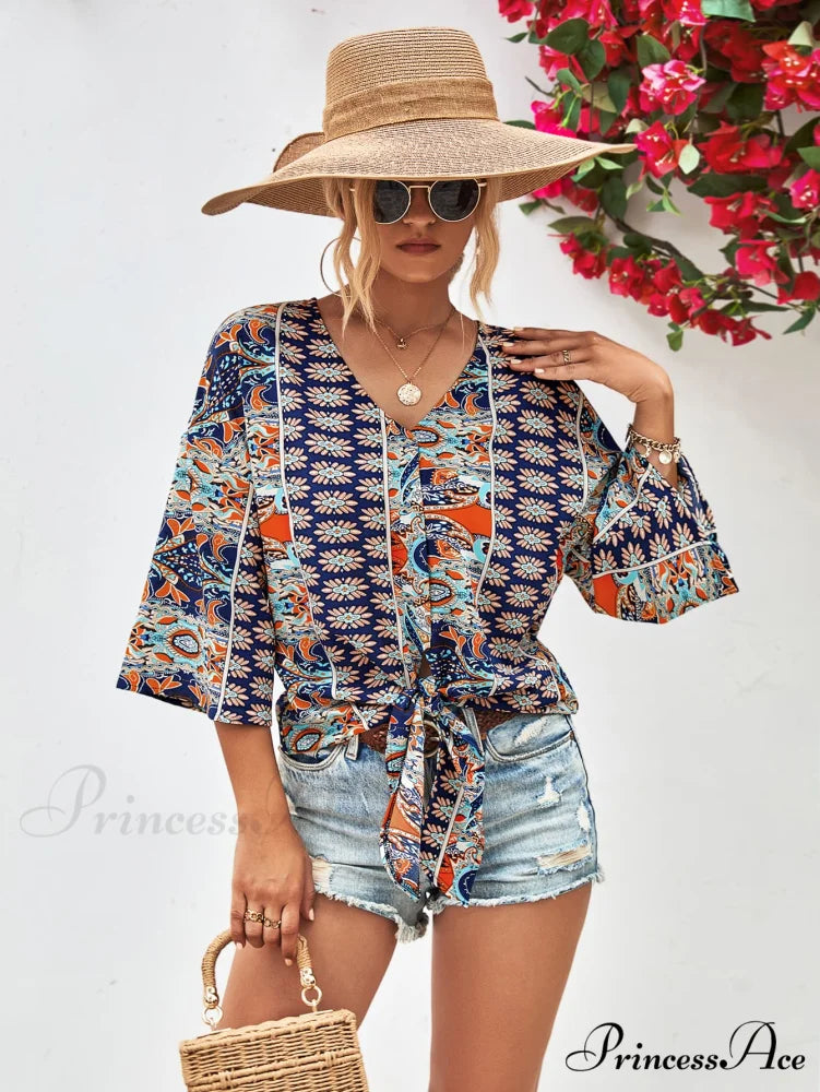 Three-Quarter and V-Neck with Hem Blouse Tie Sleeves