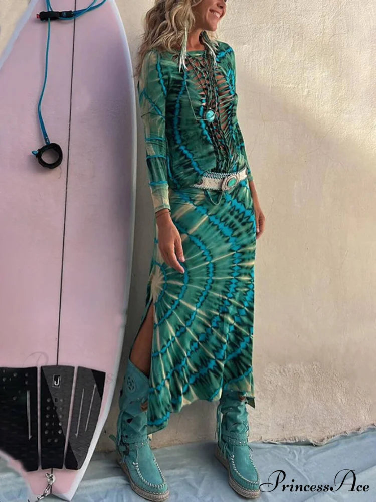 Tie-Dye Print High Charming Rise Stretch Slit Skirt