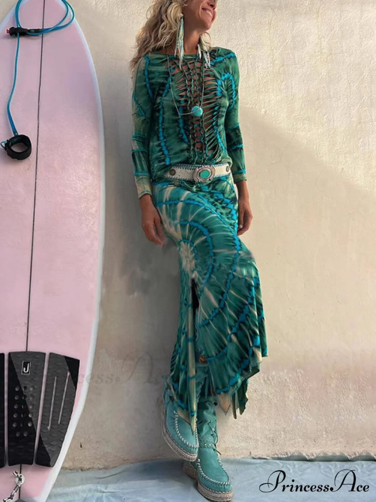 Tie-Dye Print High Charming Rise Stretch Slit Skirt