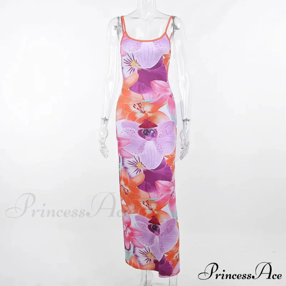 Tie-dye Print Suspender Backless Sling Long SlimBodayxon Beach Holiday Floral Dress