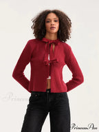 Tie Front Crew Neck Knit Cardigan