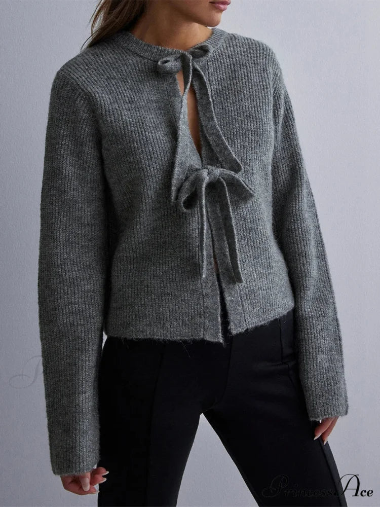 Tie Front Crew Neck Knit Cardigan