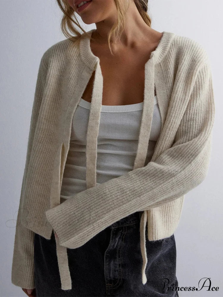 Tie Front Crew Neck Knit Cardigan