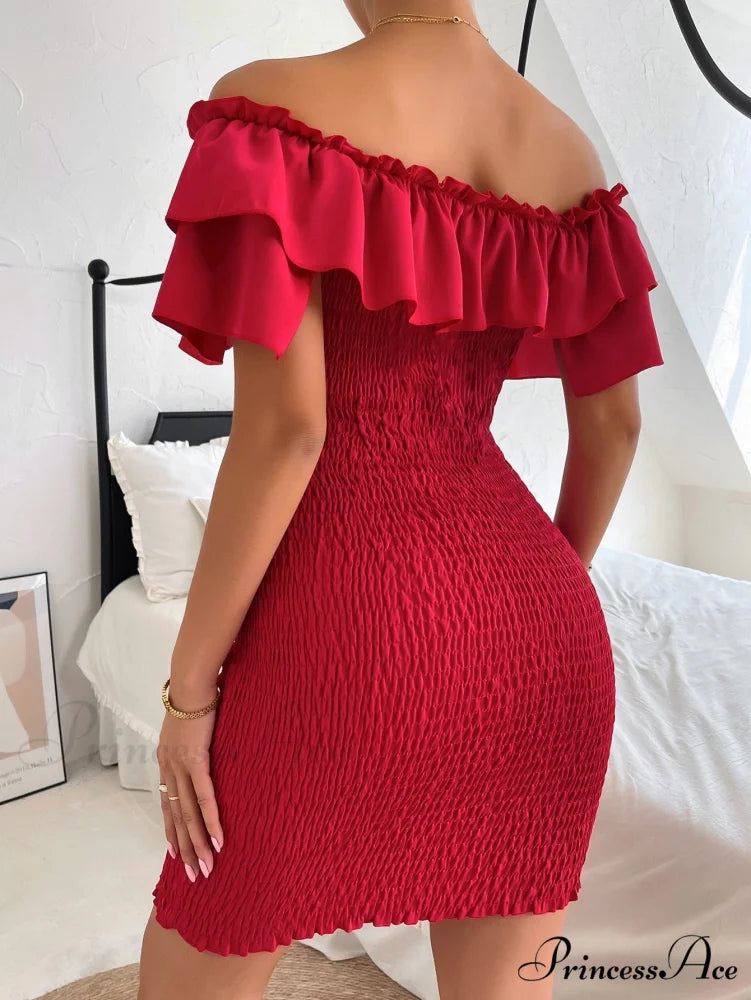 Tie Front Off Shoulder Ruffle Trim Shirred Bodycon Dress